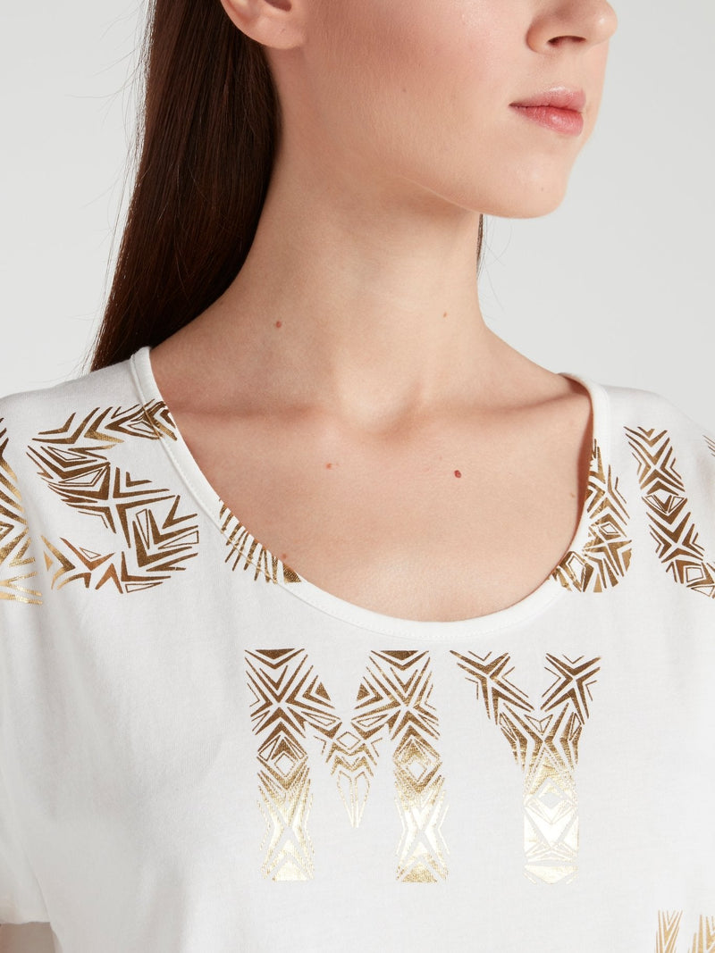 White Glossy Print Scoop Neck Top