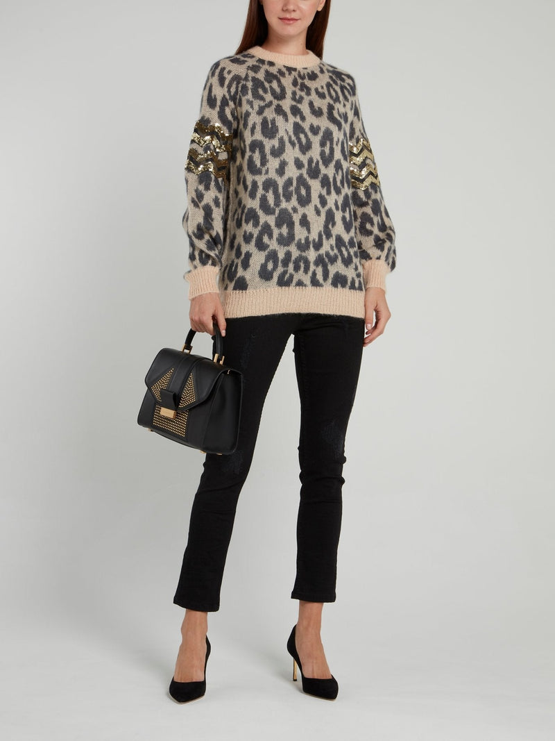 Leopard Print Sequin Panel Pullover