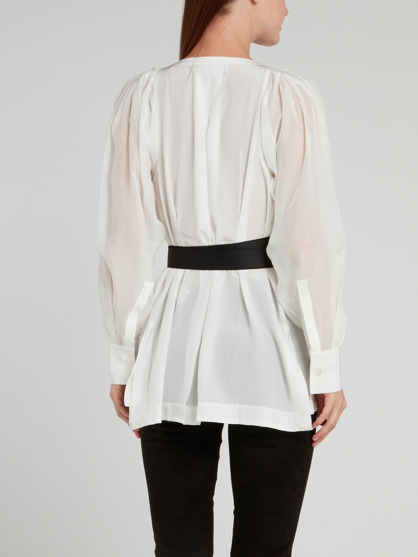 White Mesh Sleeve Top with Belt