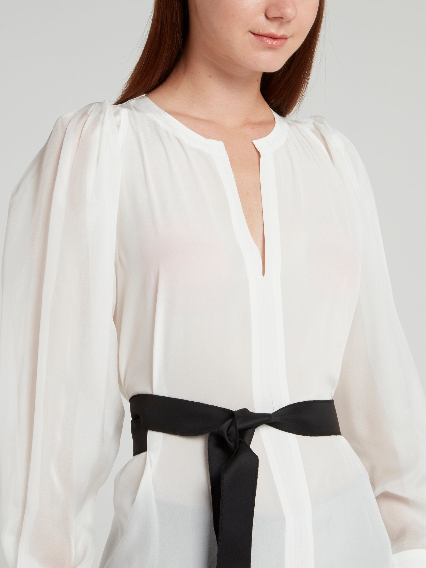 White Mesh Sleeve Top with Belt