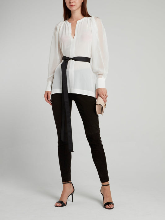 White Mesh Sleeve Top with Belt