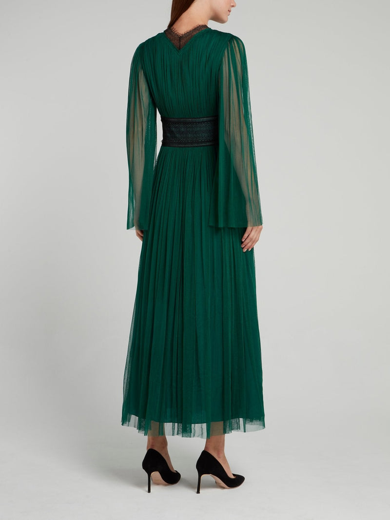 Green Lace Panel Tulle Midi Dress