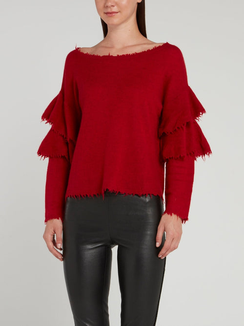 Red Frayed Cashmere Pullover