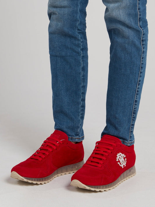 Red Monogram Appliquéd Suede Sneakers