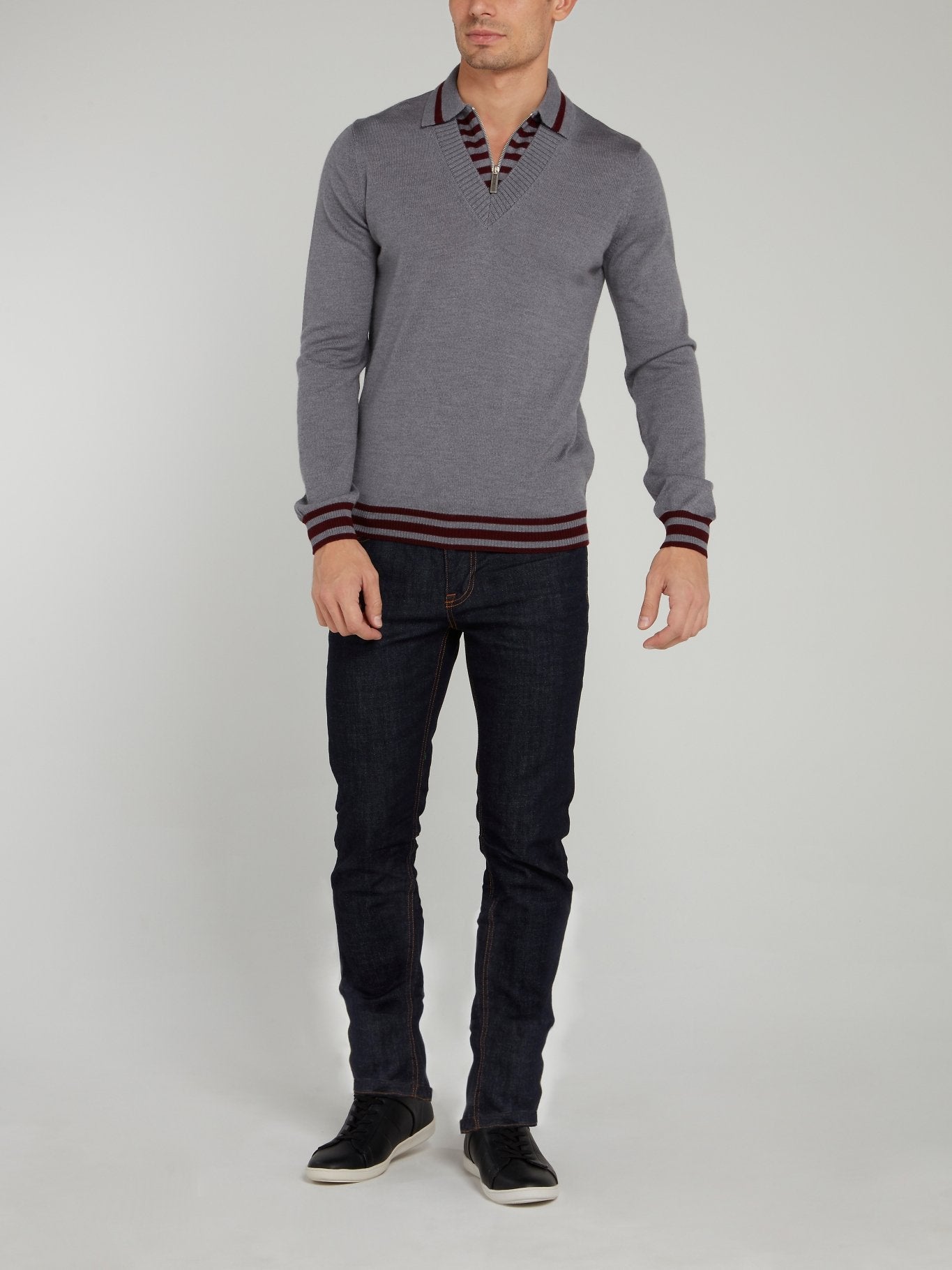 Grey Zip Neck Stripe Edge Sweater