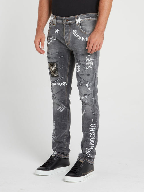 Grey Patched Graffiti Jeans