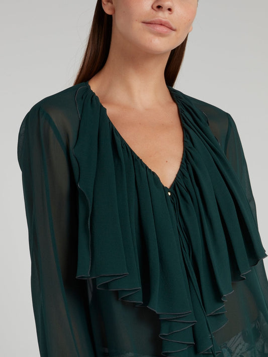 Dark Green Cascade Chiffon Blouse