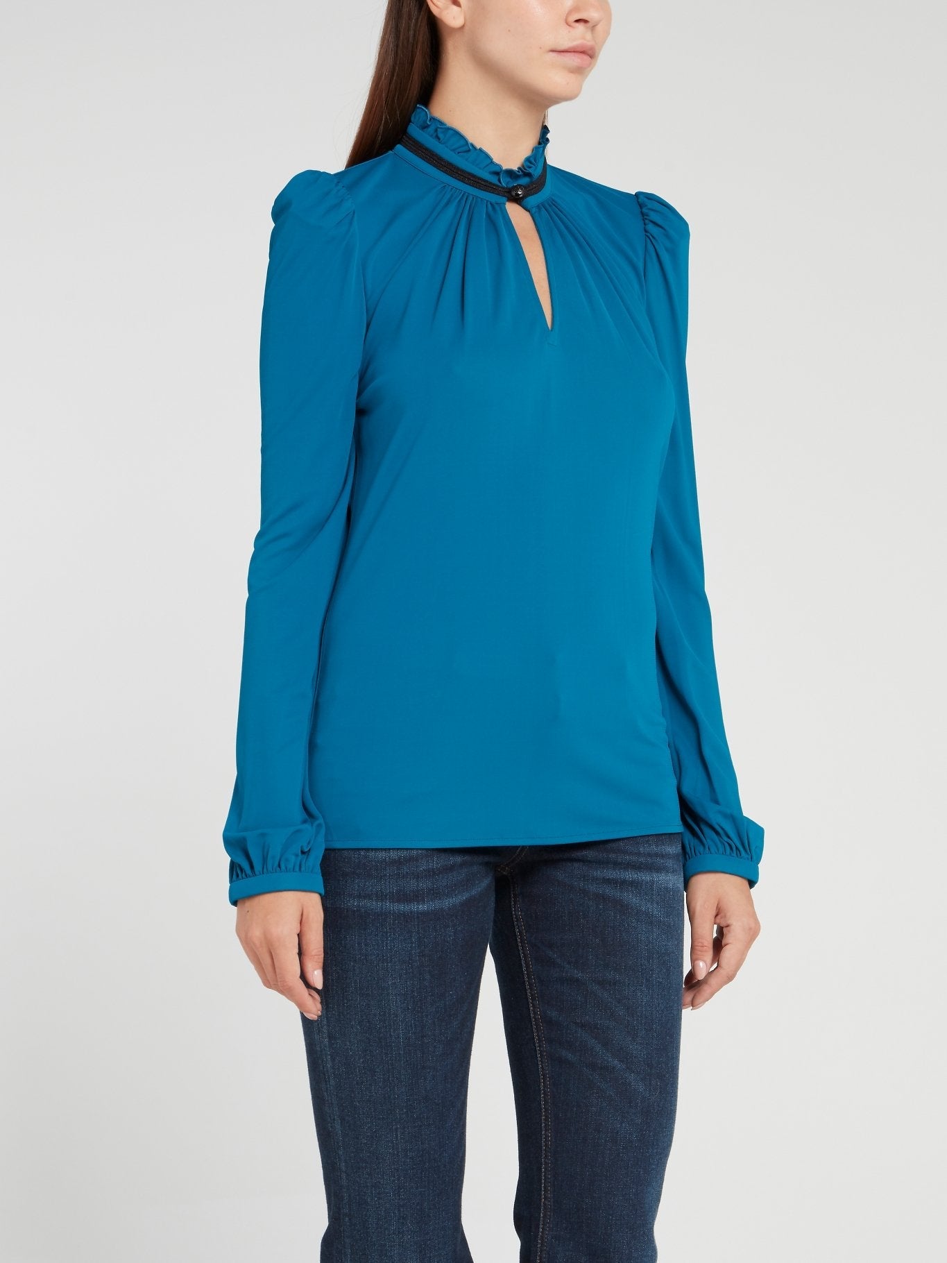 Blue Keyhole Ruffle Neck Top