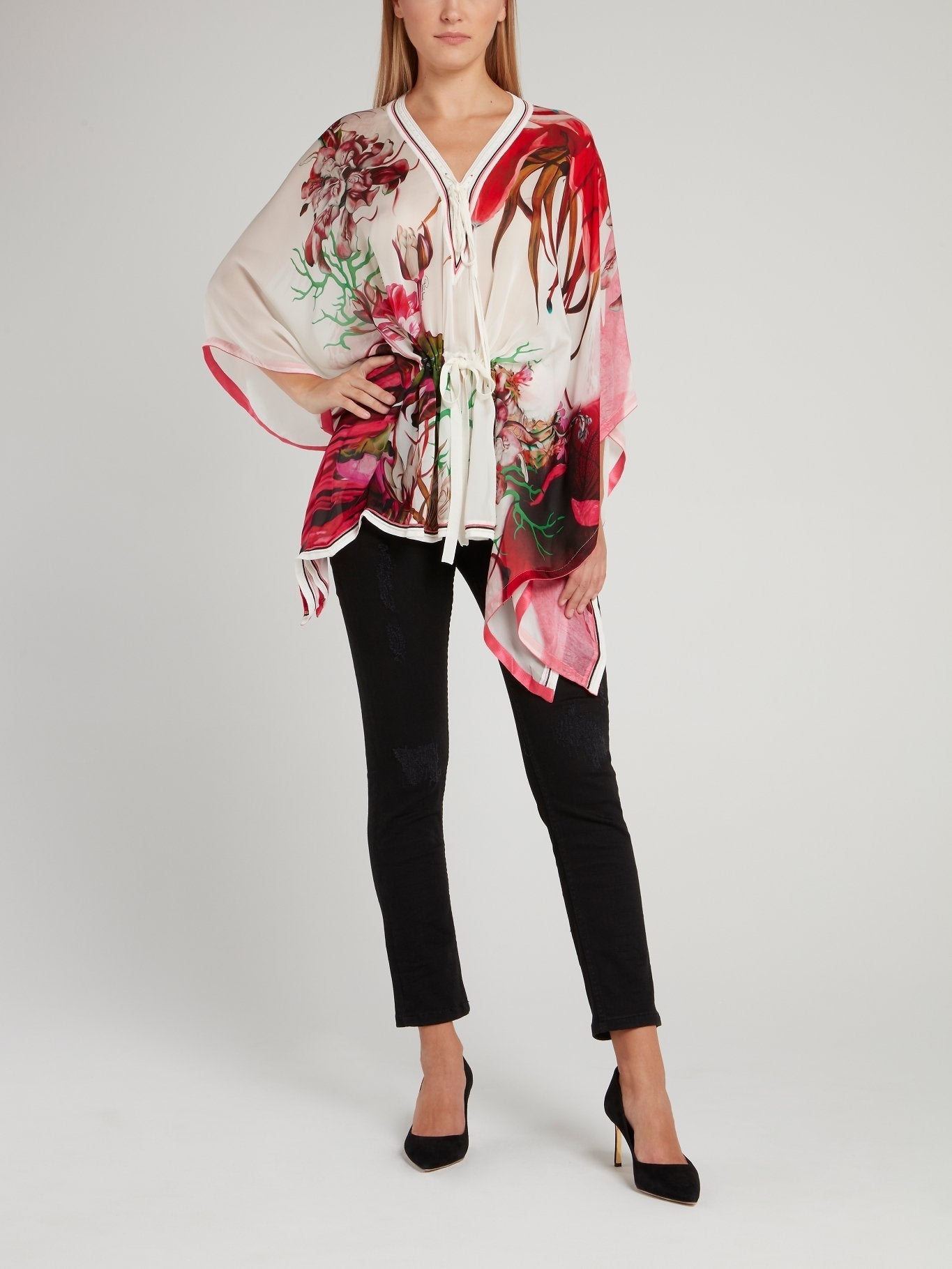 Floral Printed Silk Chiffon Short Kaftan