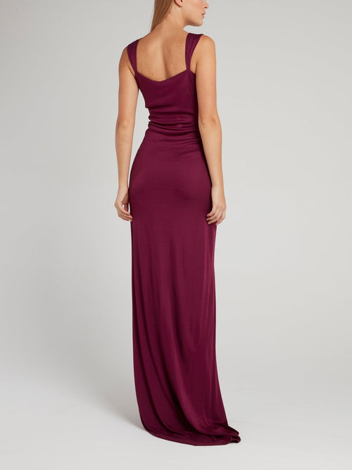 Burgundy Draped Plunge Maxi Dress