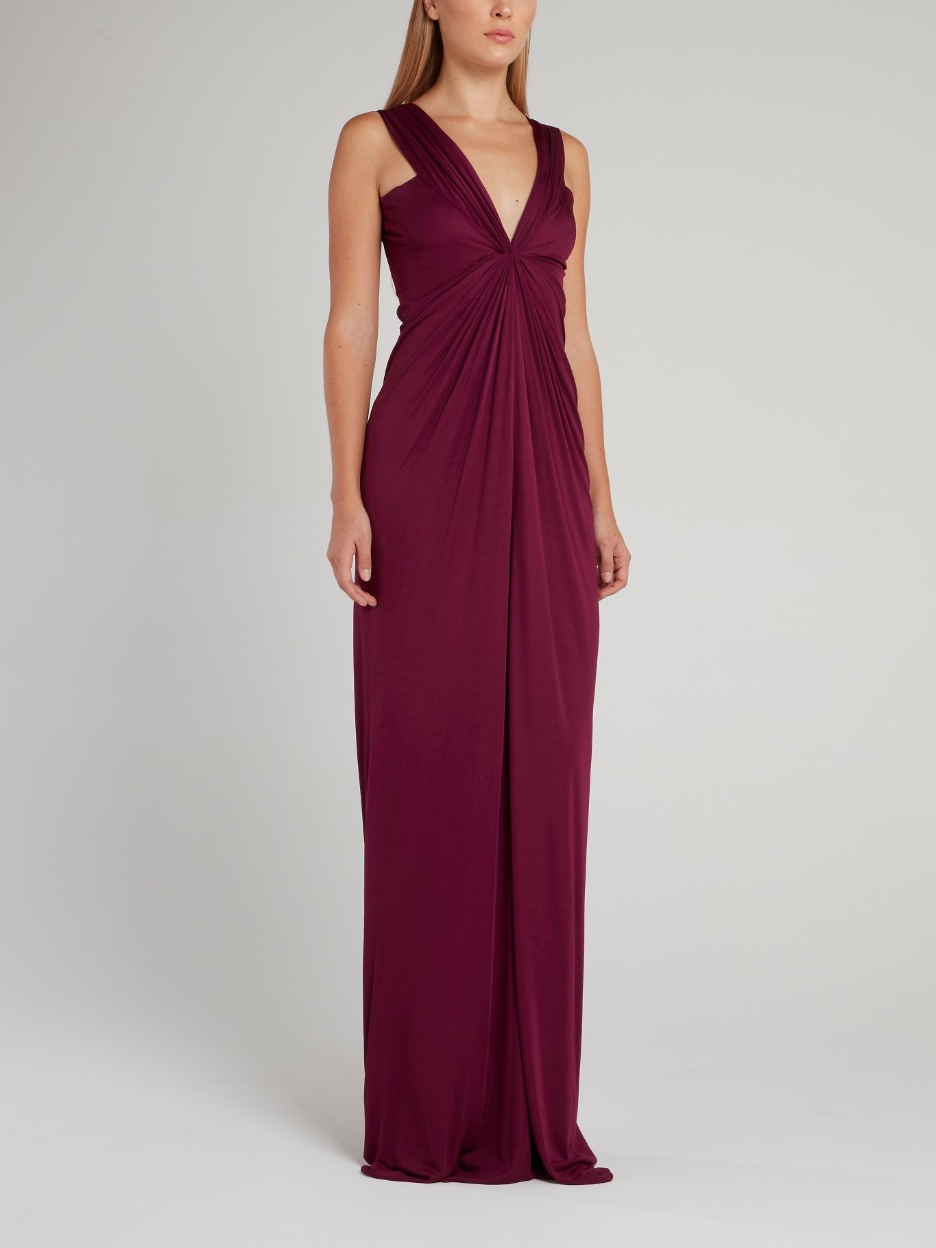 Burgundy Draped Plunge Maxi Dress