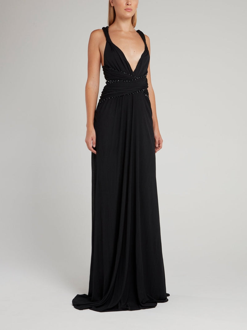 Black Embellished Décolleté Cross Back Maxi Dress