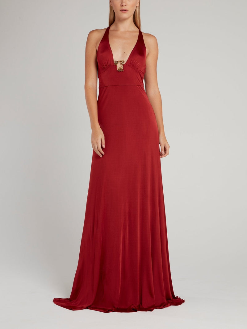 Red Halter Crepe Maxi Dress