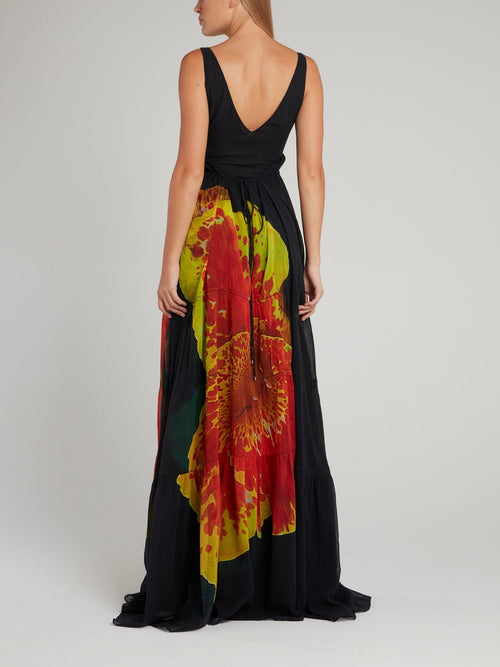 Black Flower Printed Empire Maxi Dress