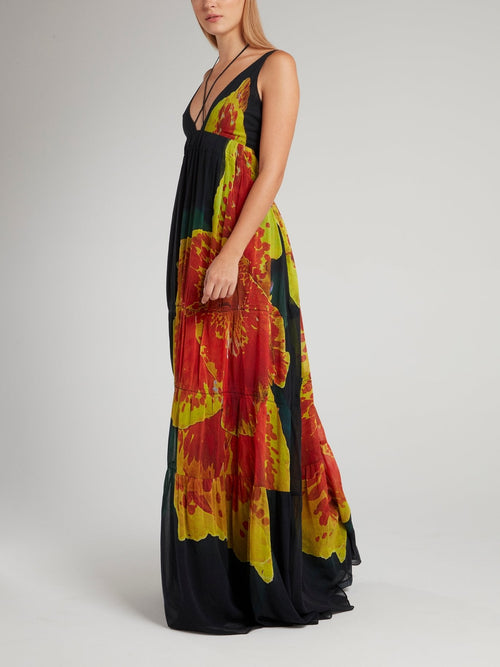 Black Flower Printed Empire Maxi Dress