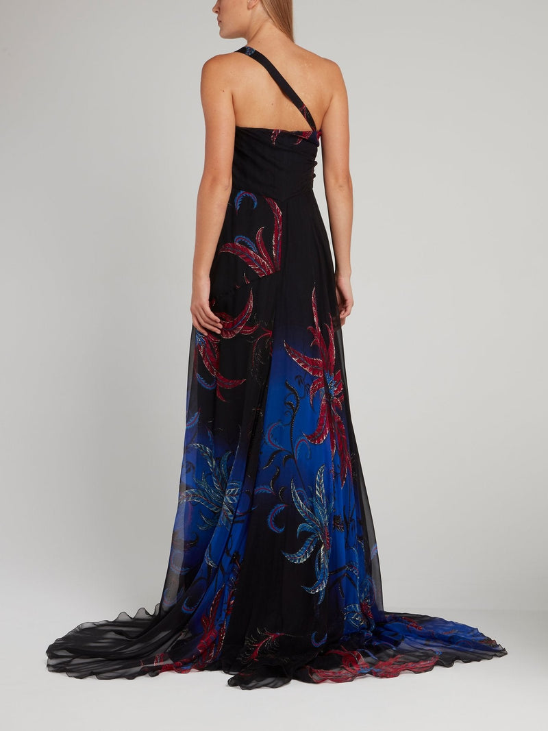 One-Shoulder Floral Draped Maxi Dress