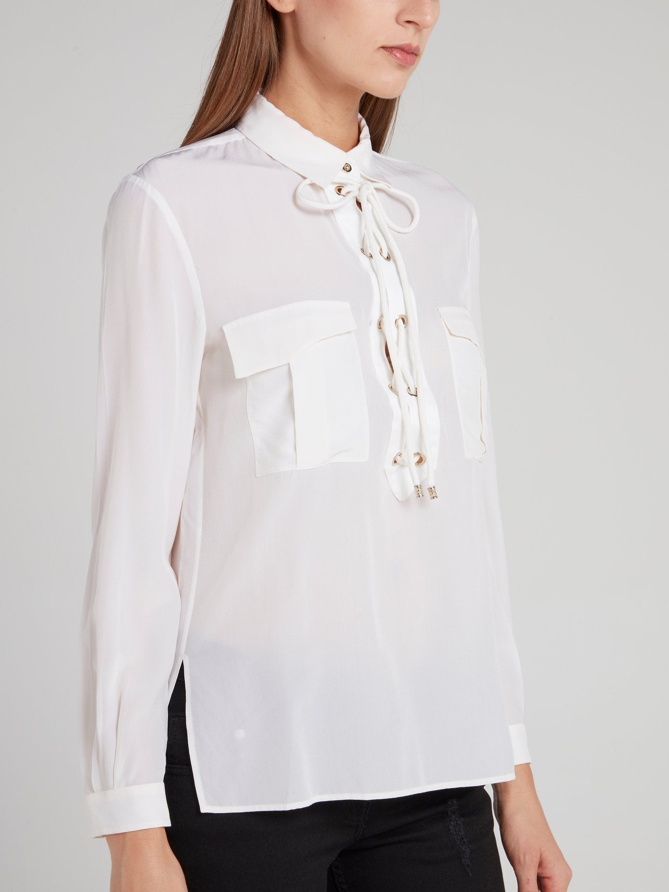 White Lace Up Long Sleeve Top