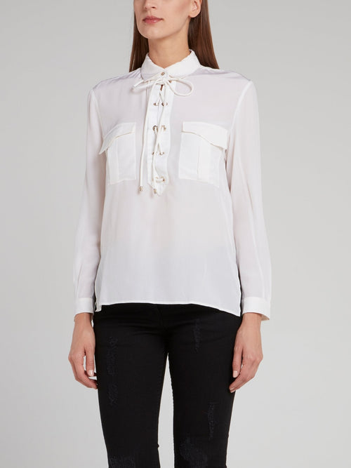 White Lace Up Long Sleeve Top