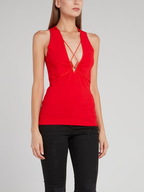 Red Criss Cross Plunge Tank Top