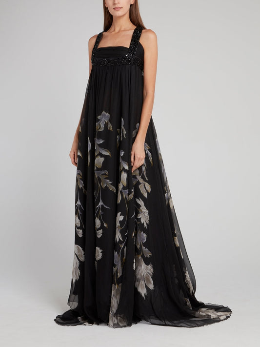 Black Open-Back Floral Printed Maxi Dress