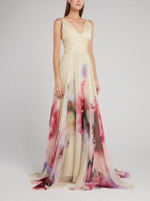 Beige Floral Print Flared Maxi Dress