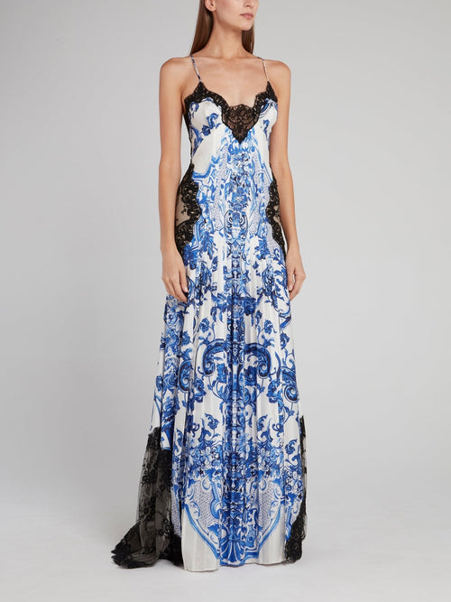 Blue Lace Panel Maxi Dress