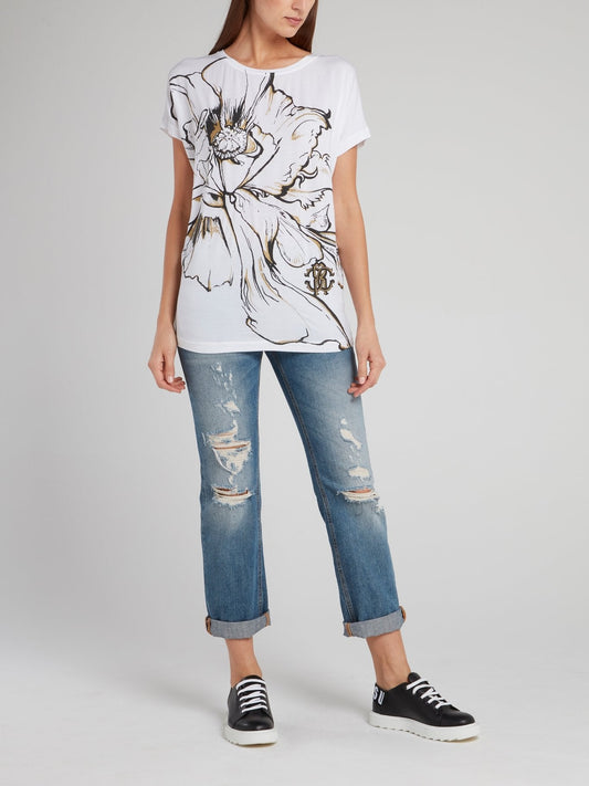 White Flower Print Short Sleeve T-Shirt