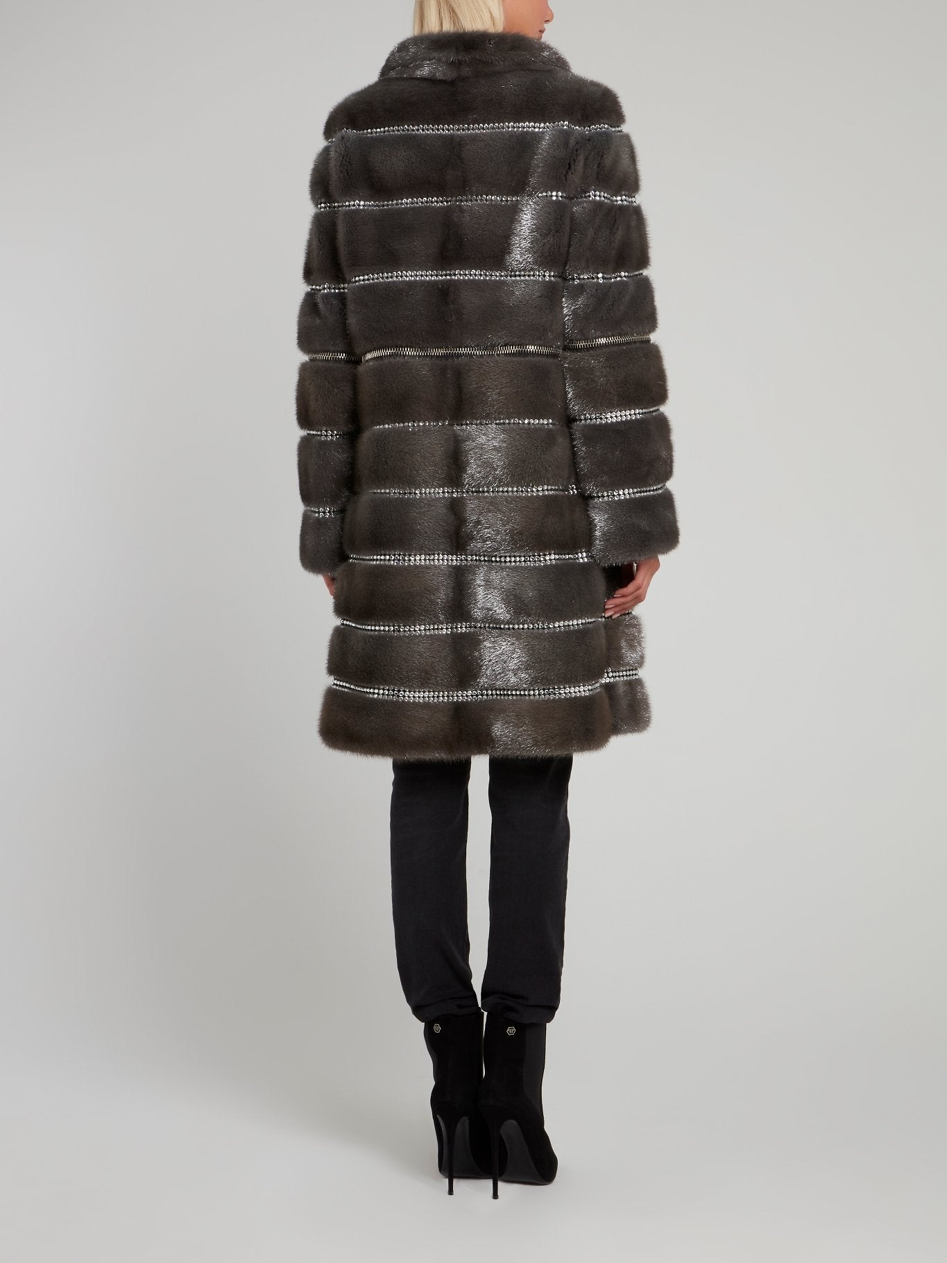 Ash Crystal Embellished Fur Coat