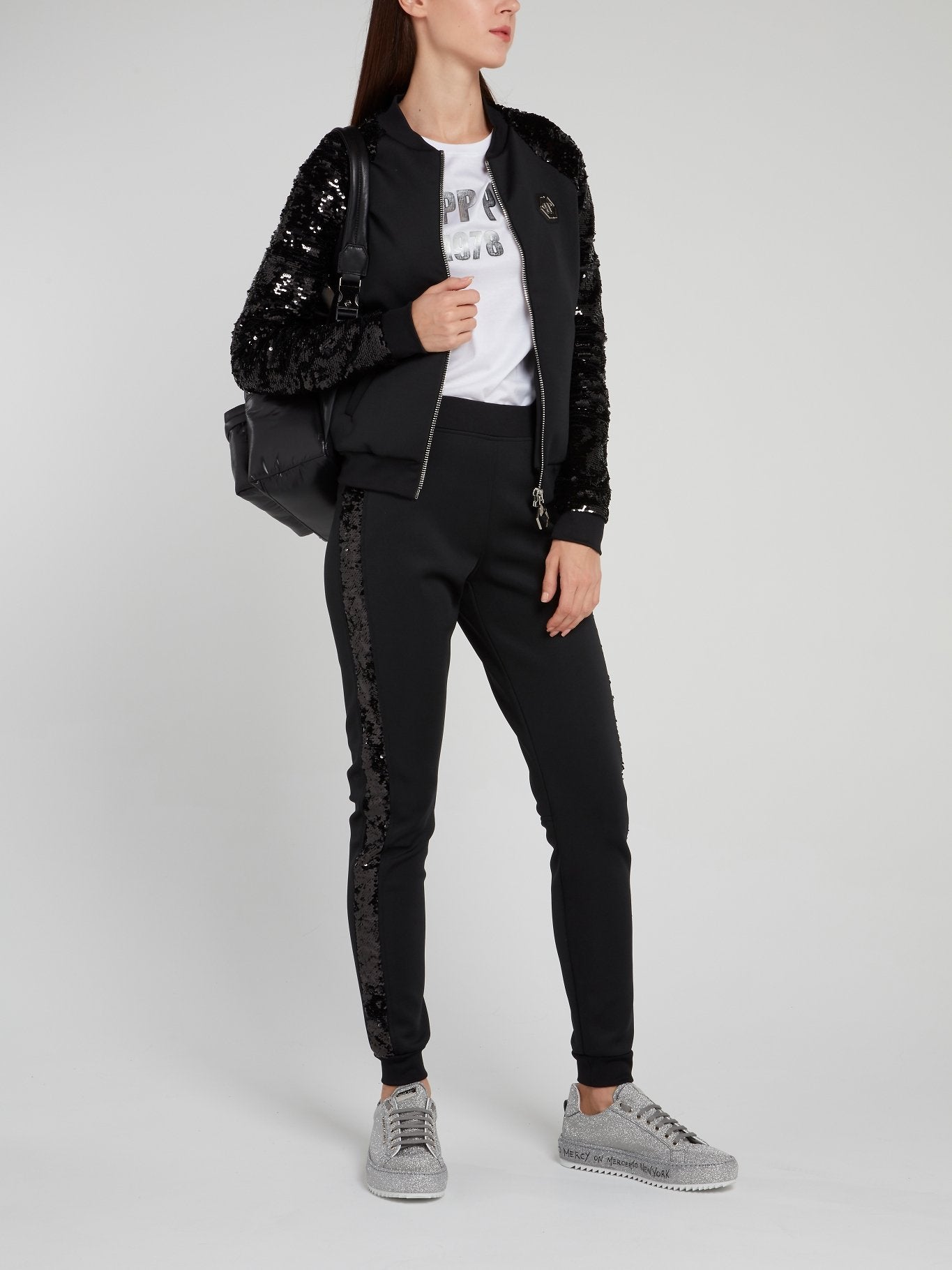 Black Sequin Side Stripe Jogging Trousers