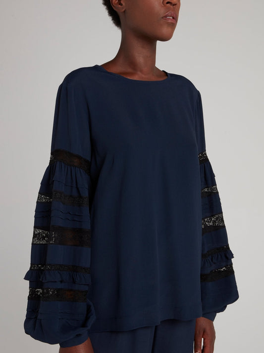 Navy Lace Panel Lantern Sleeve Top