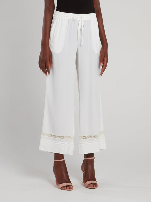 White Lace Panel Drawstring Wide Leg Pants