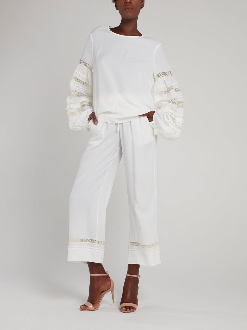 White Lace Panel Drawstring Wide Leg Pants