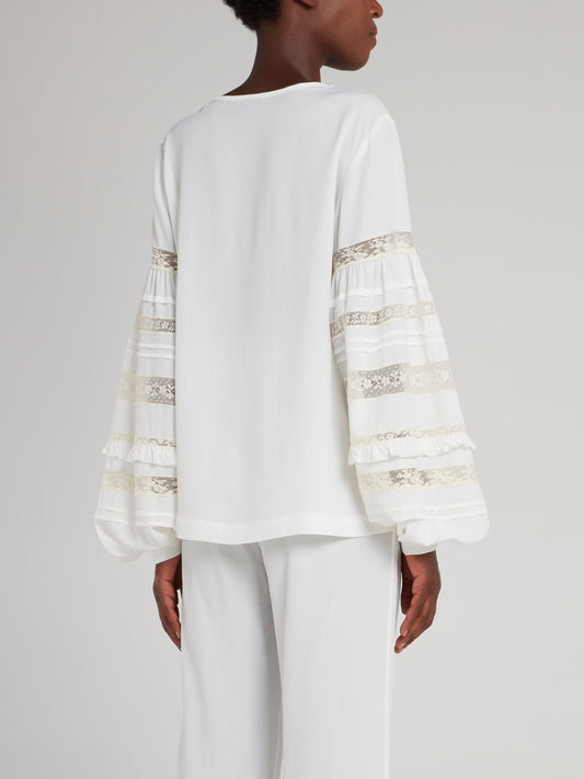 White Lace Panel Lantern Sleeve Top