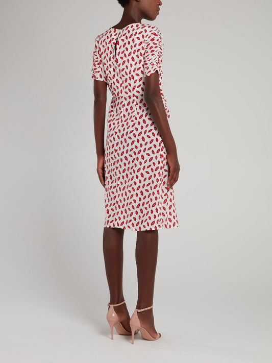 Lip Print Ruched Sleeve Midi Dress