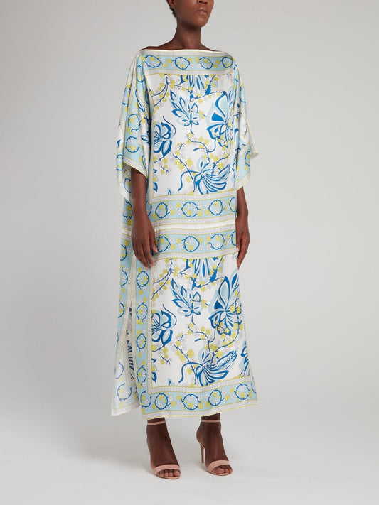 Light Blue Printed Boat Neck Maxi Dress