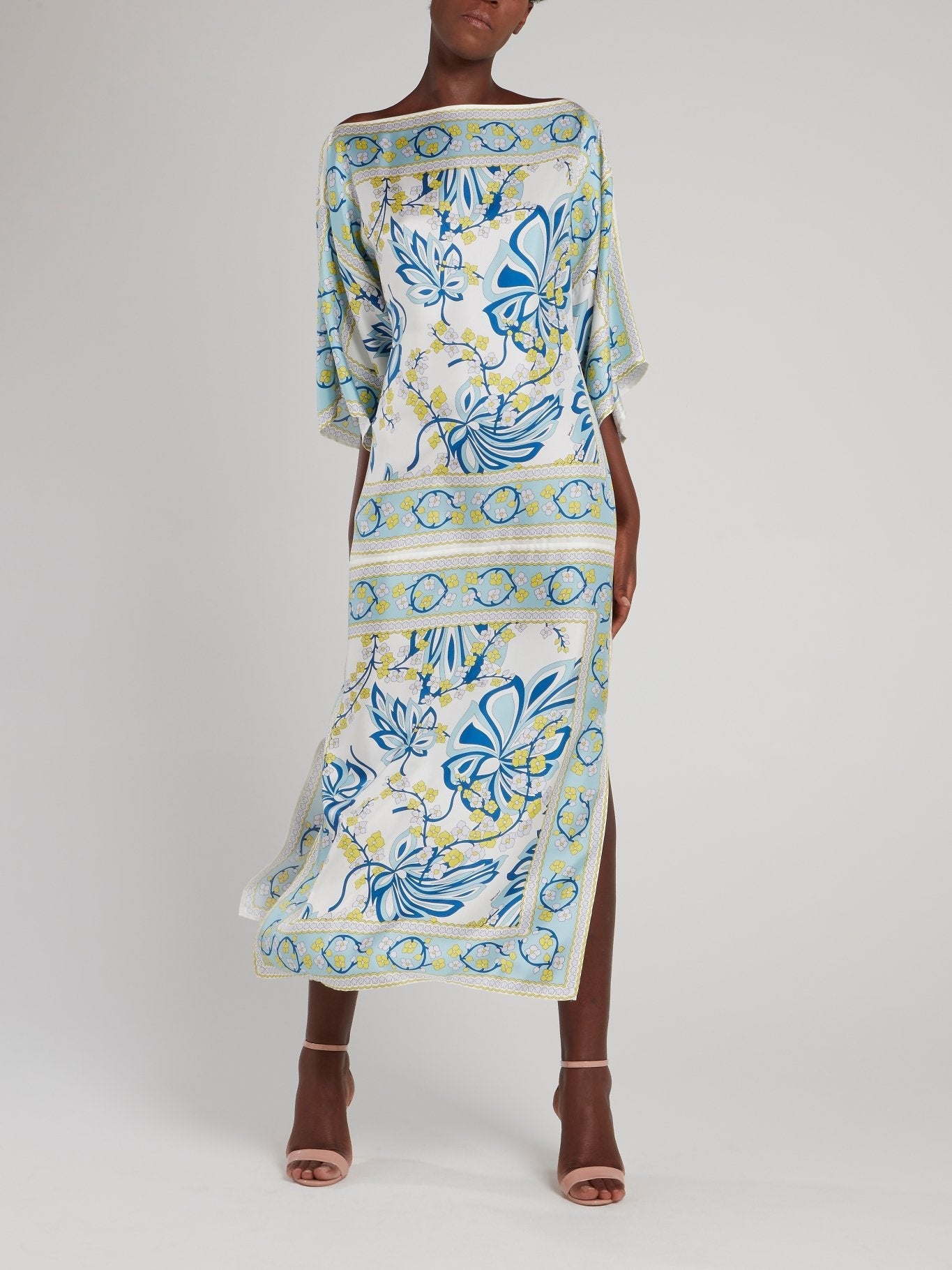 Light Blue Printed Boat Neck Maxi Dress