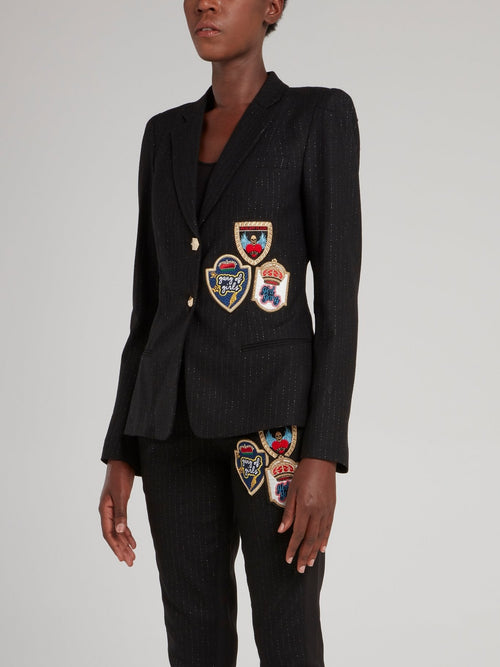 Black Glitter Pinstripe Appliquéd Blazer