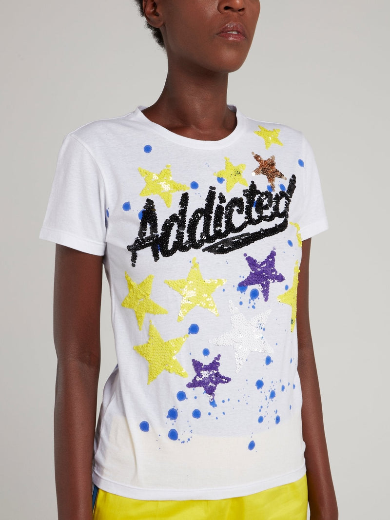 White Sequin Stars Statement T-Shirt