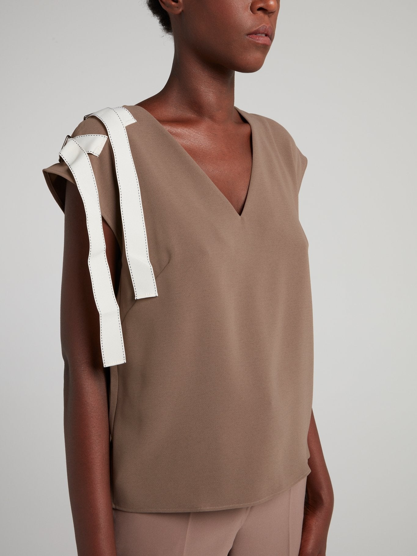 Brown Strap Detail V-Neck Top