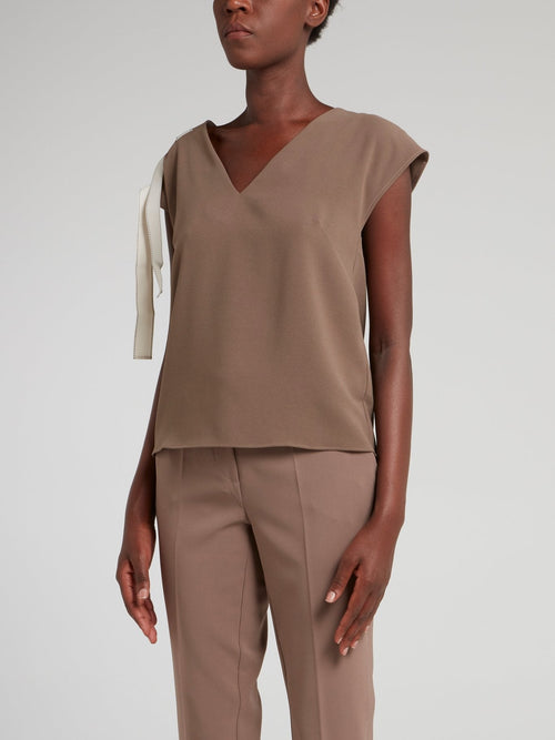 Brown Strap Detail V-Neck Top