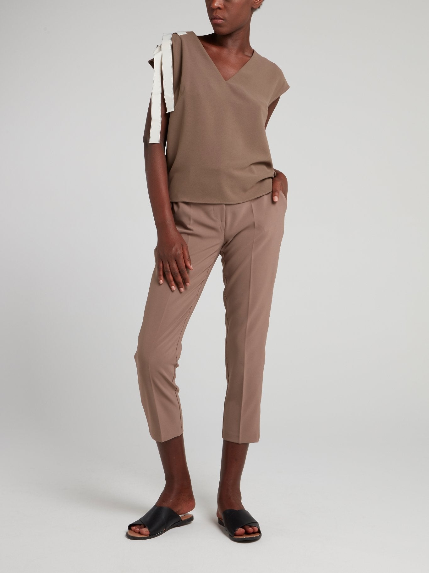 Brown Strap Detail V-Neck Top