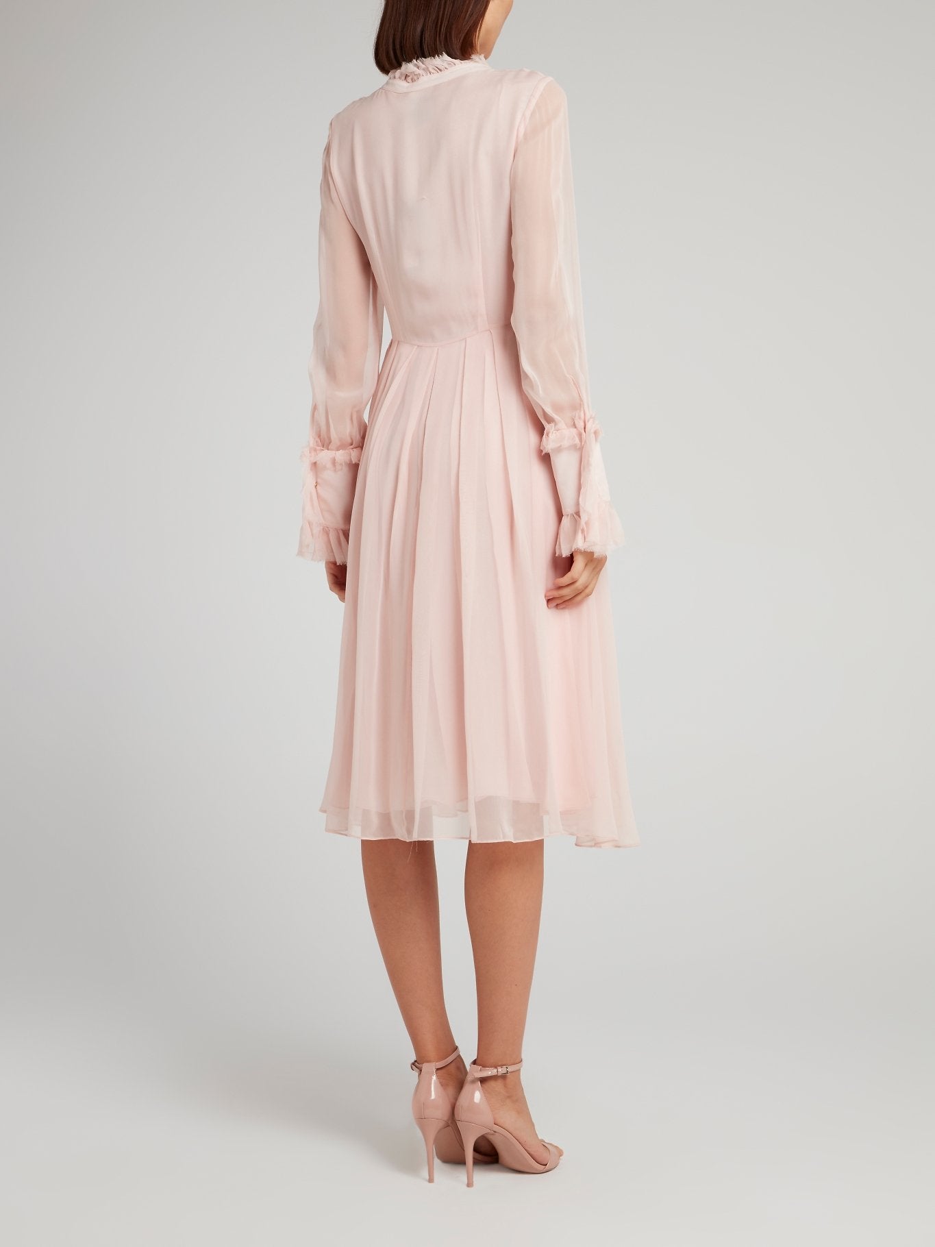 Pink Frill Trim Pleated Midi Dress