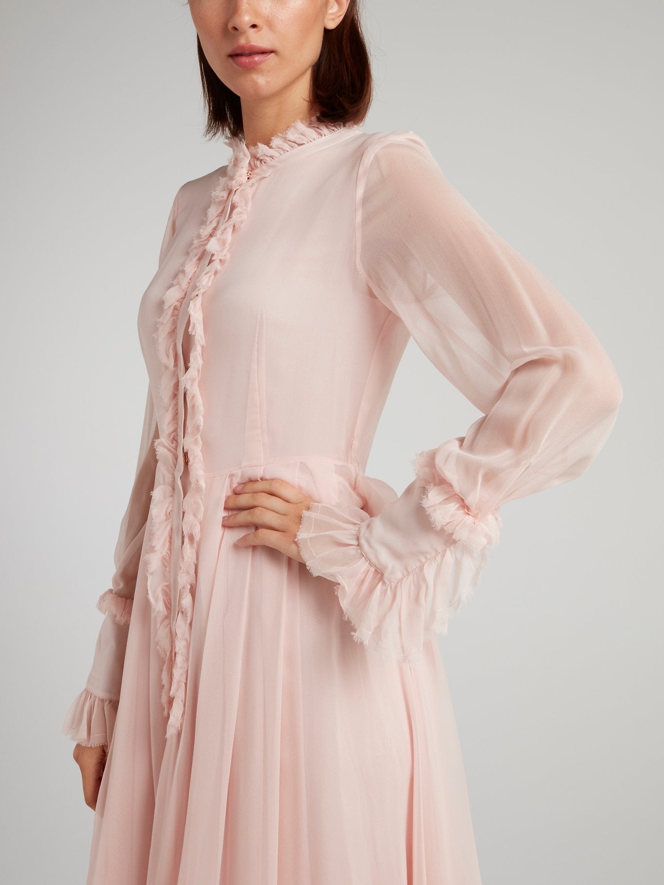 Pink Frill Trim Pleated Midi Dress