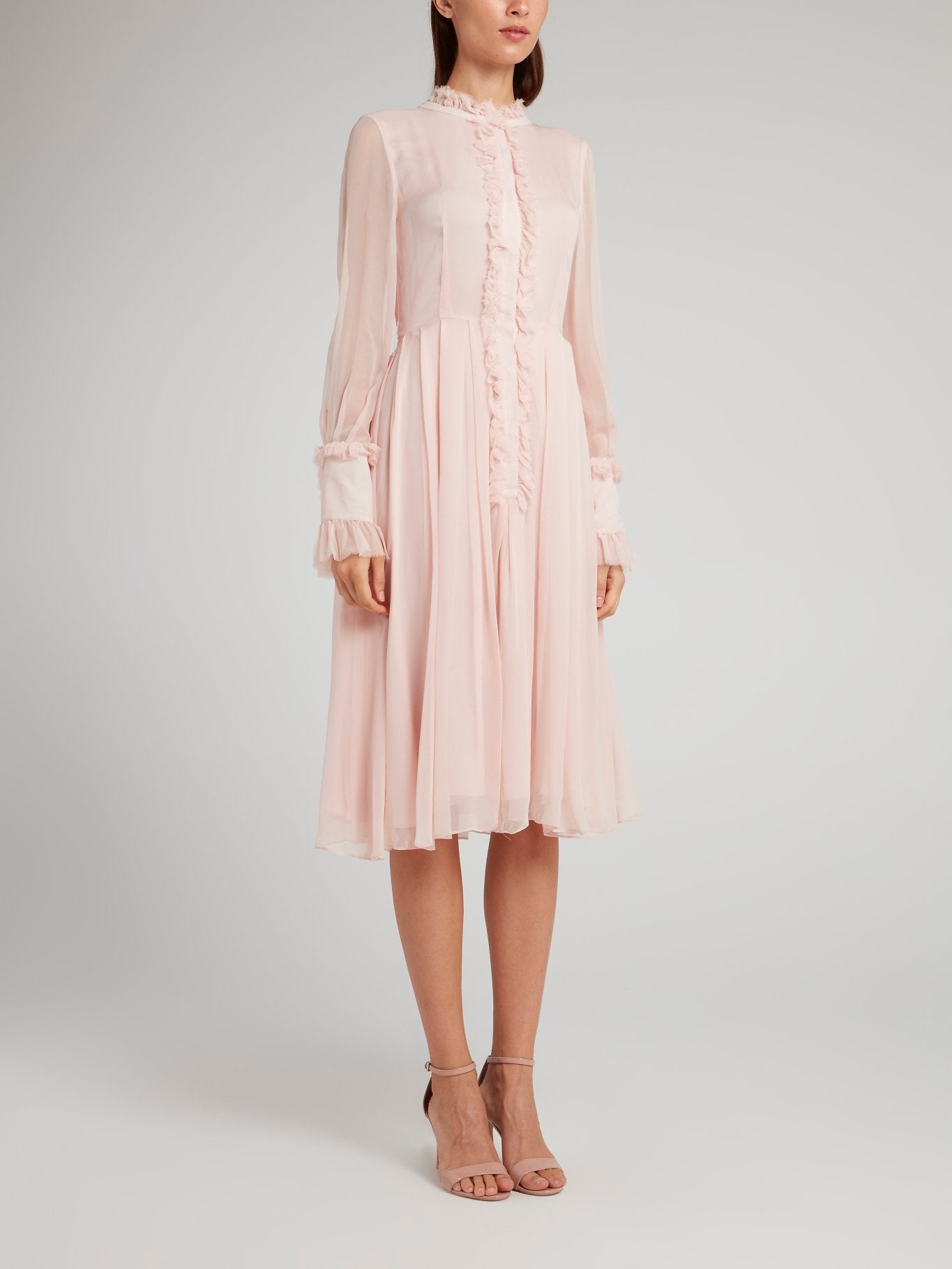 Pink Frill Trim Pleated Midi Dress