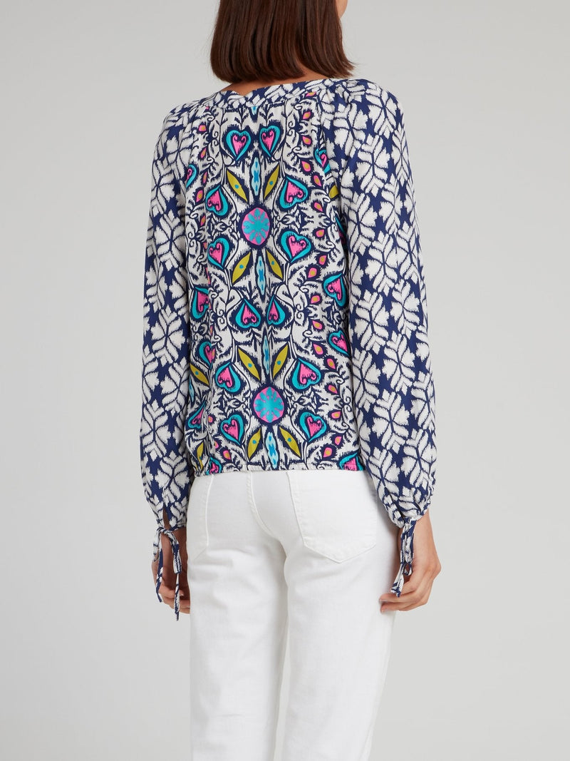 Printed Drawstring Long Sleeve Top