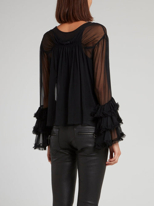 Black Mesh Panel Frill Blouse