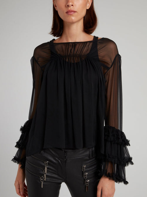 Black Mesh Panel Frill Blouse