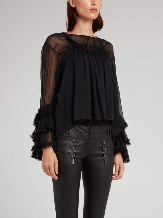 Black Mesh Panel Frill Blouse