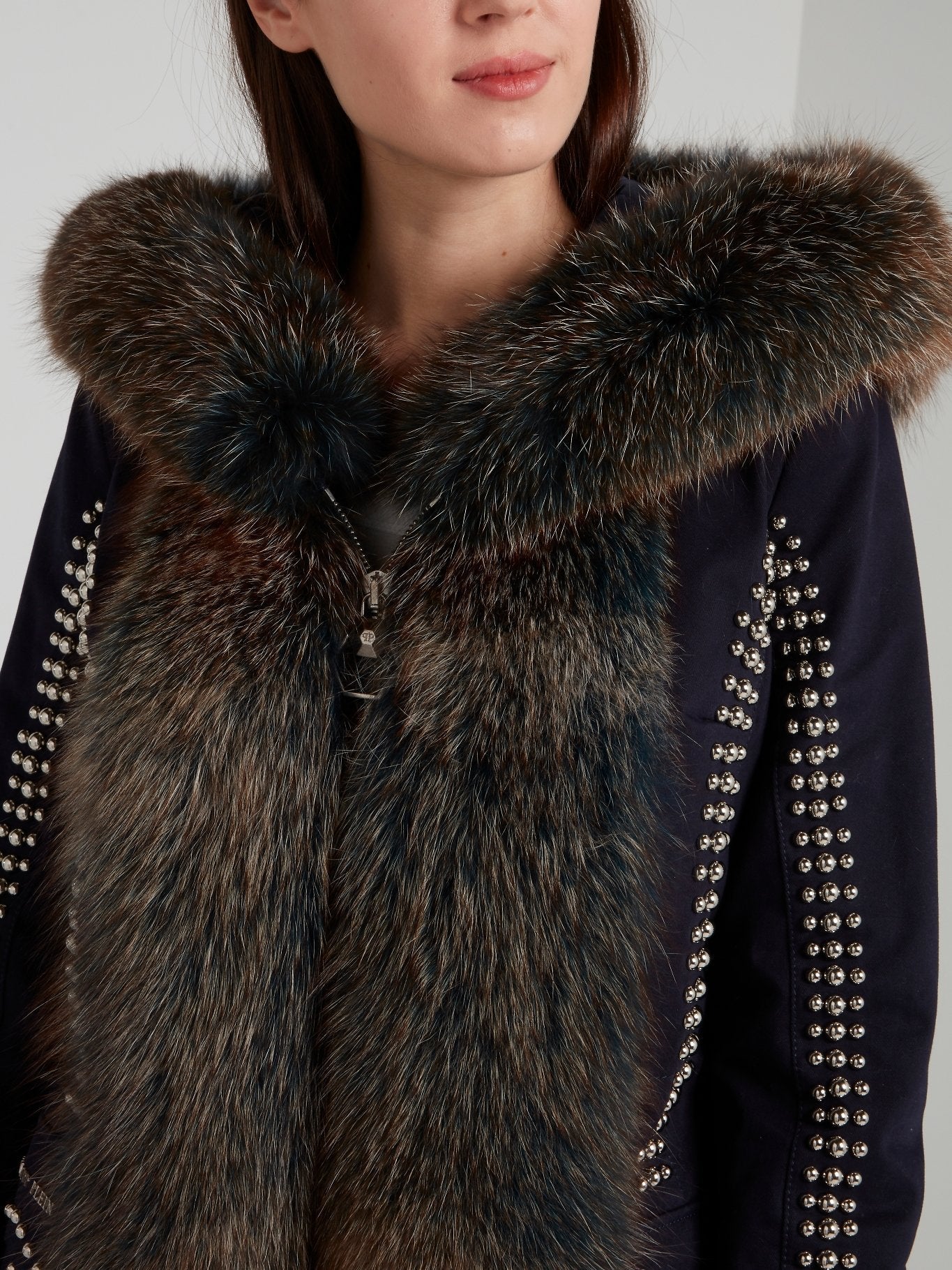 Navy Fur Panel Studded Parka