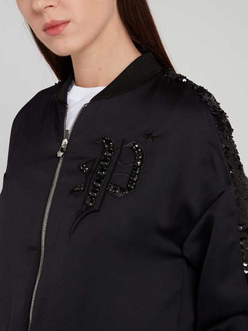 Black Sequin Shoulder Stripe Bomber Jacket